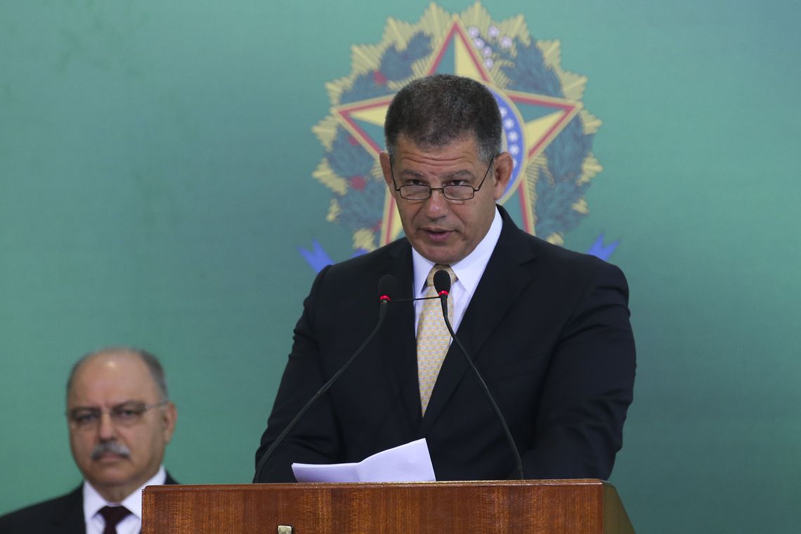O ministro da Secretaria-Geral da Presidência da Rpública, Gustavo Bebianno, discursa na solenidade de transmissão de cargos, no Palácio do Planalto.
