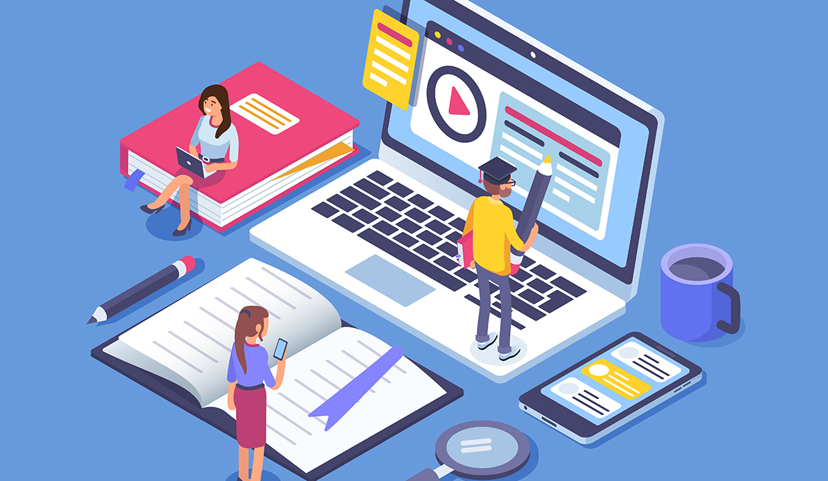 Online education concept banner with characters. Can use for web banner, infographics, hero images. Flat isometric vector illustration isolated on white background.