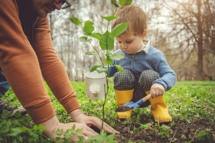 Little boy and his father gardening in spring