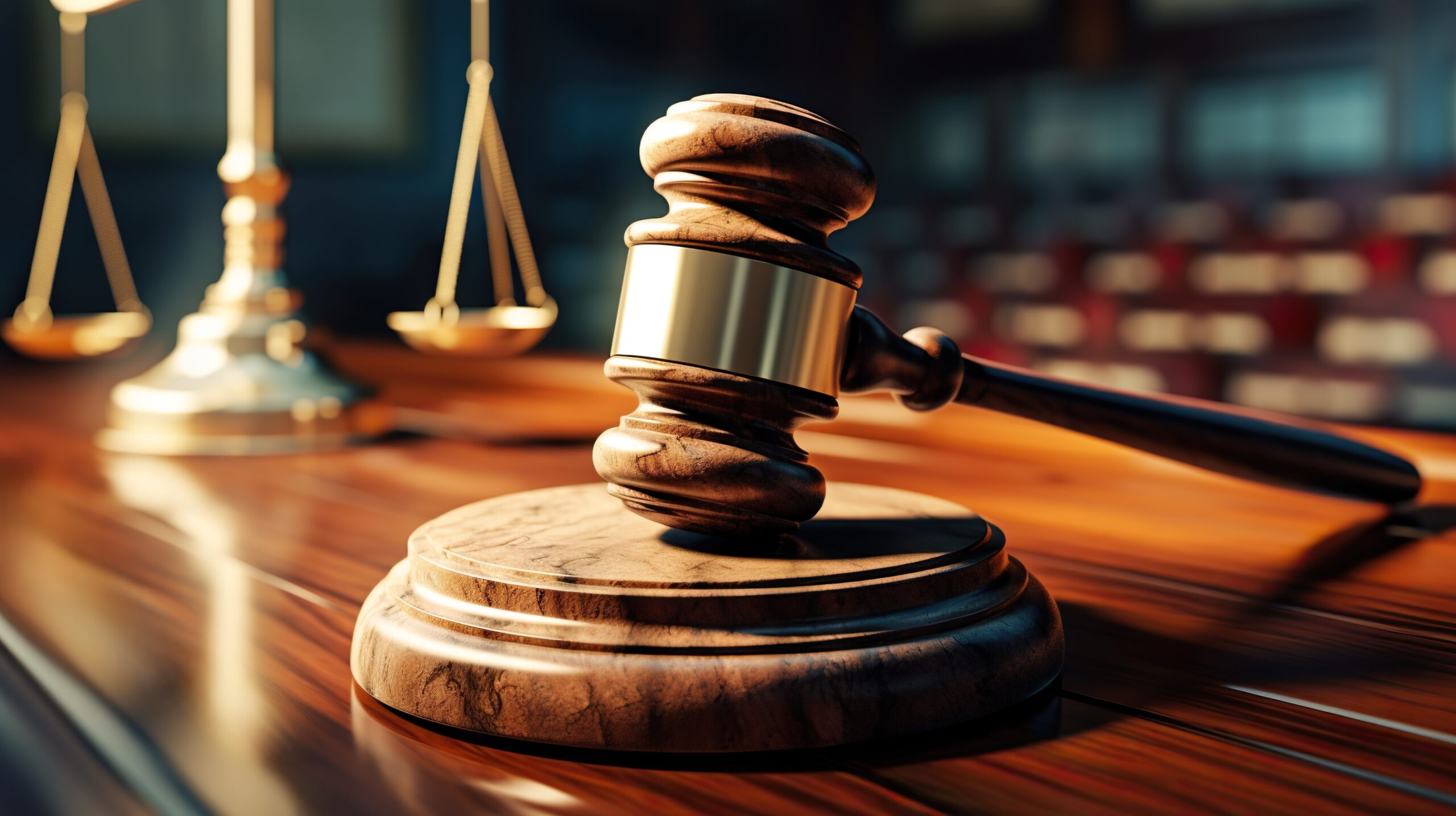 Gavel close up on judge desk in courtroom, highlighting law, justice, trial, attorney advice, and judicial decisions in criminal case