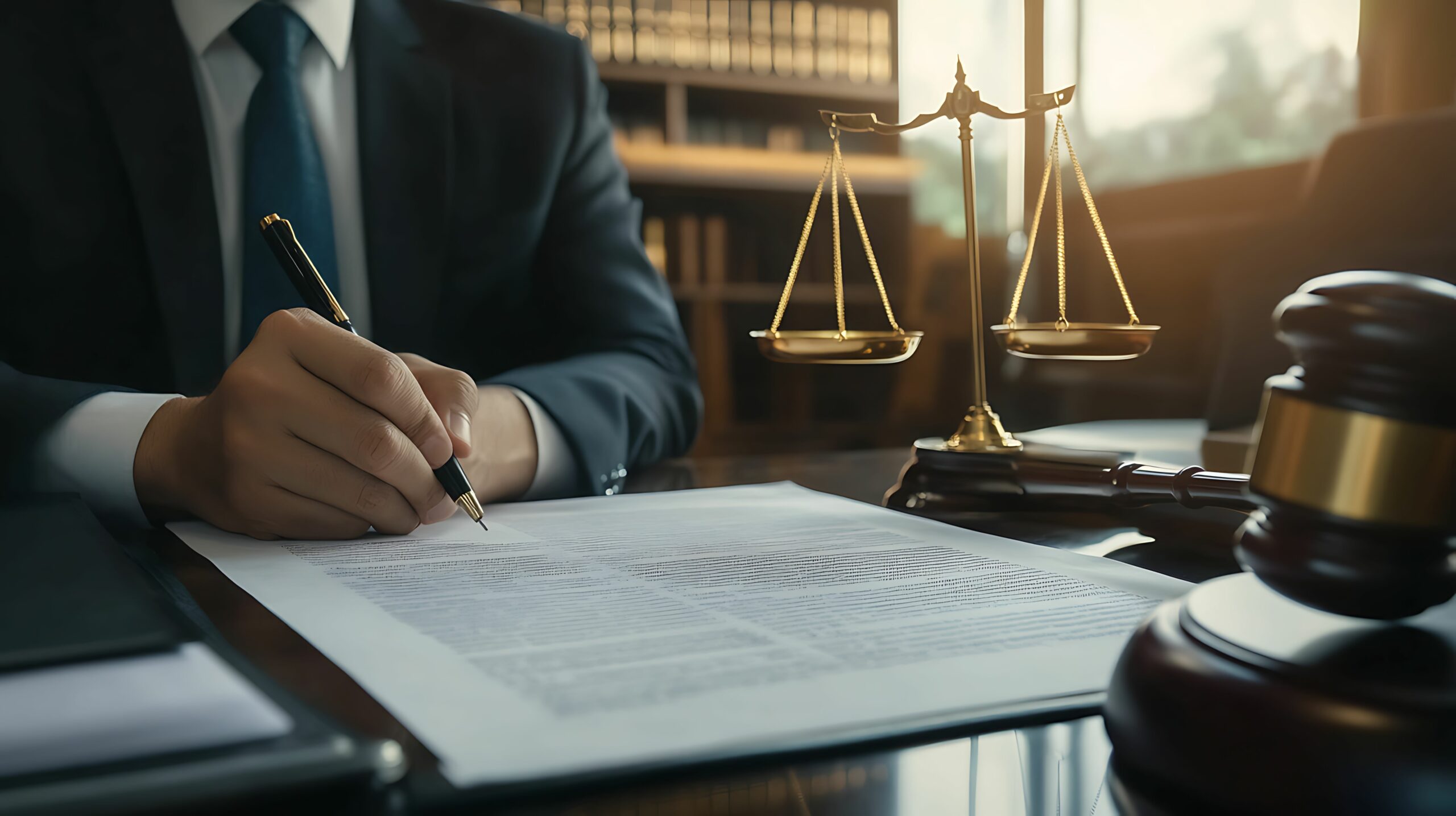 A lawyer in a suit signs a legal document at a desk, accompanied by a gavel and scales of justice, symbolizing law and legal processes.